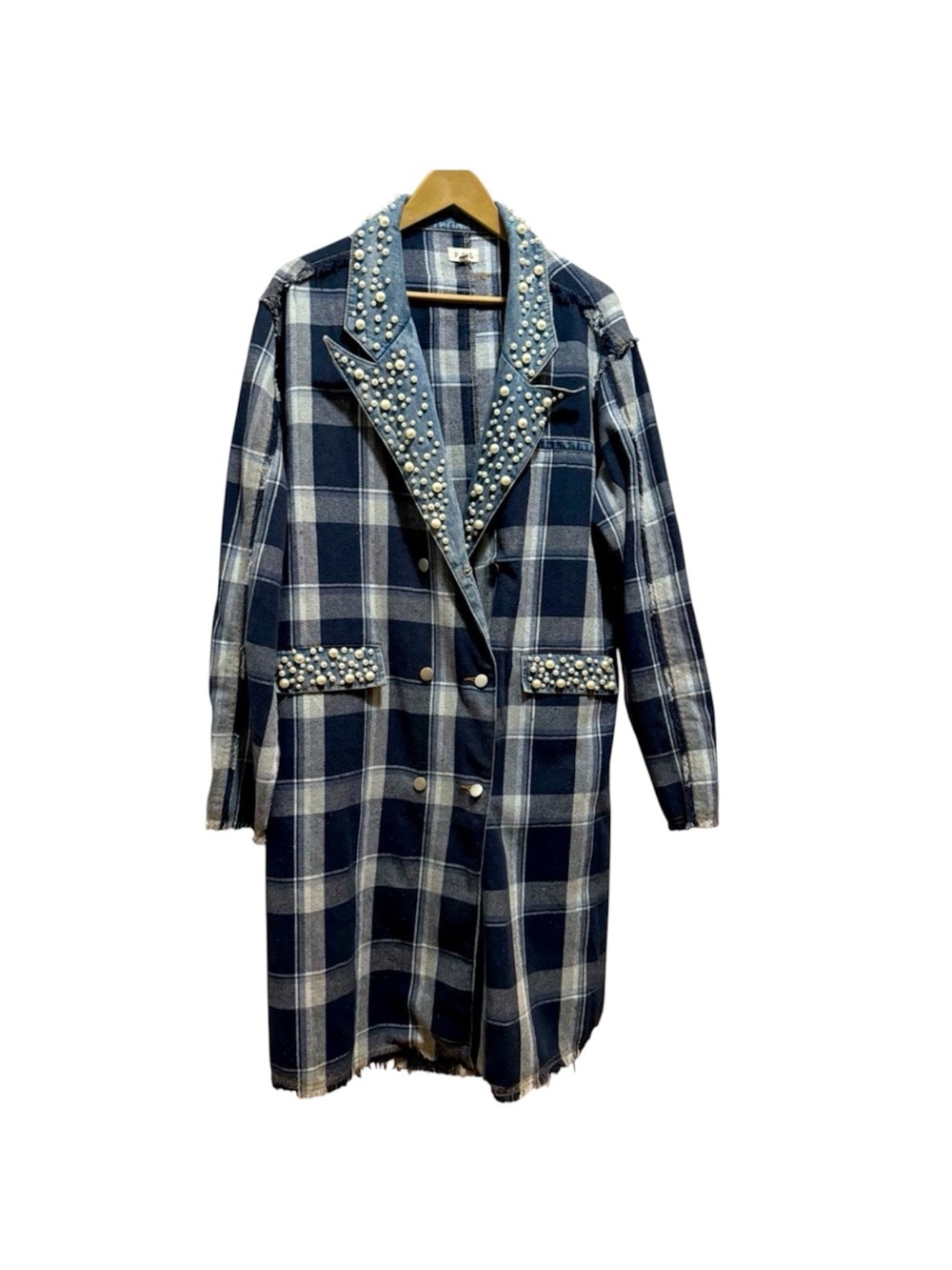POL Women's Oversized Denim & Pearls Plaid Long Coat  Size M